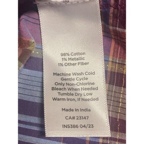 Talbots Long Sleeve Madras Plaid Cotton Blend Metallic Thread Shirt Size S/P - Picture 5 of 5